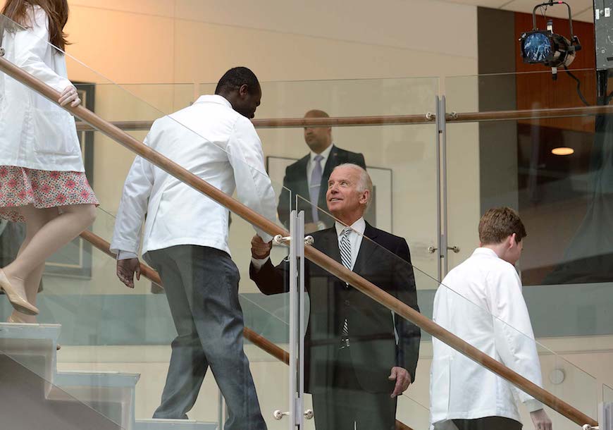 Joe Biden with medical students at Bloomberg Kimmel Institute dedication