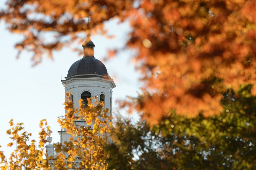 Gilman Hall clock tower in the fall